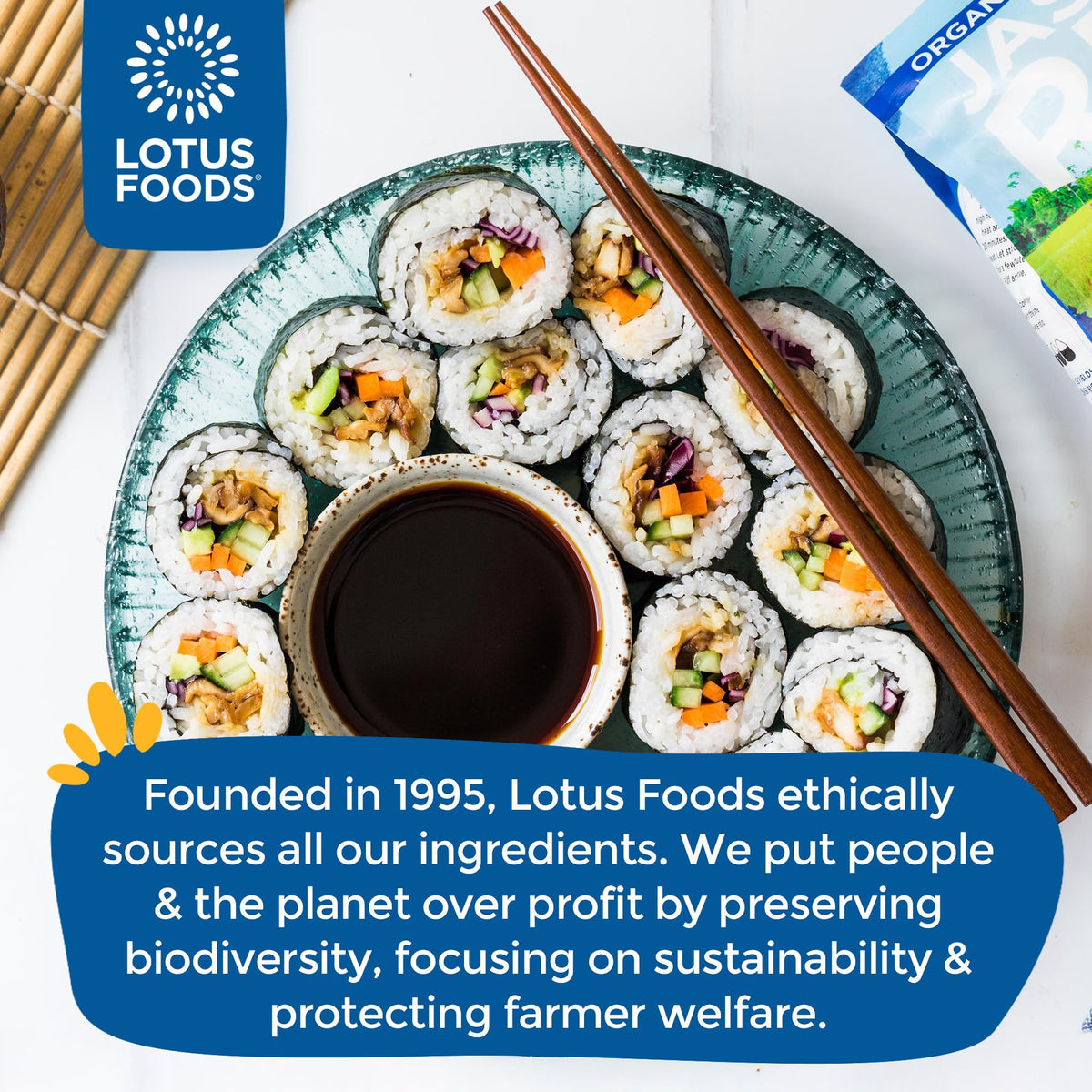 Lotus Foods packaging highlights family farms and sustainable farming practices.