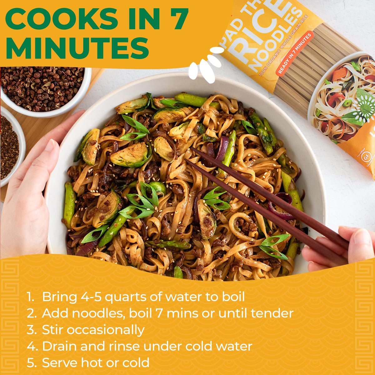 Lotus Foods Pad Thai Noodles in a wok for a quick stir-fry