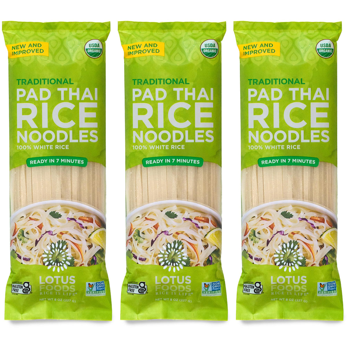 Lotus Foods Pad Thai rice noodles 3-pack shown for quick meals, gluten-free option