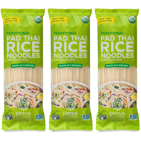 Lotus Foods Pad Thai rice noodles 3-pack shown for quick meals, gluten-free option