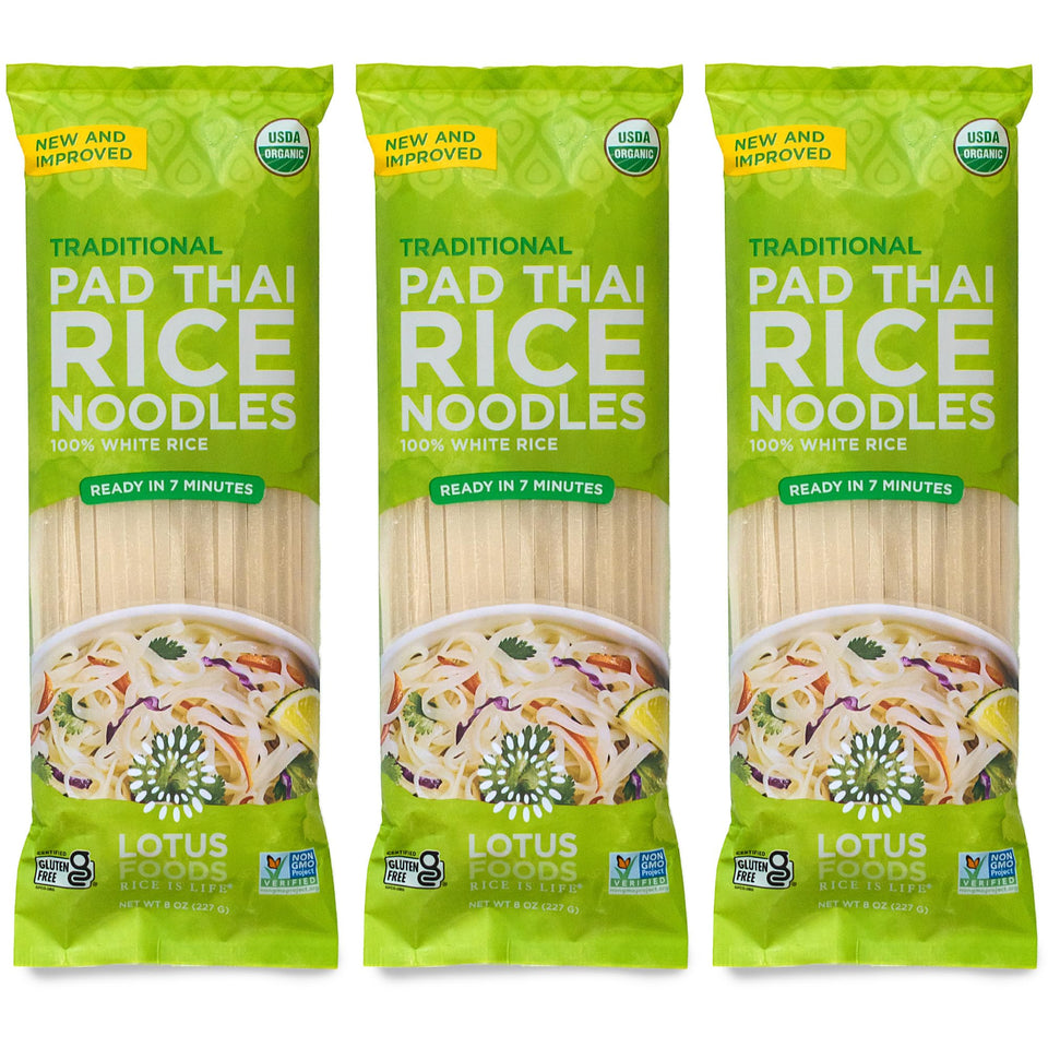 Lotus Foods Pad Thai rice noodles 3-pack shown for quick meals, gluten-free option