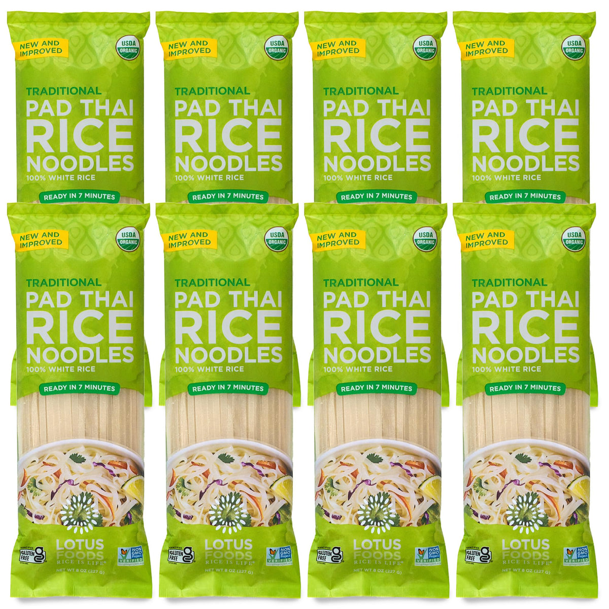 Lotus Foods Traditional Pad Thai Noodles pack front, gluten-free and organic option.