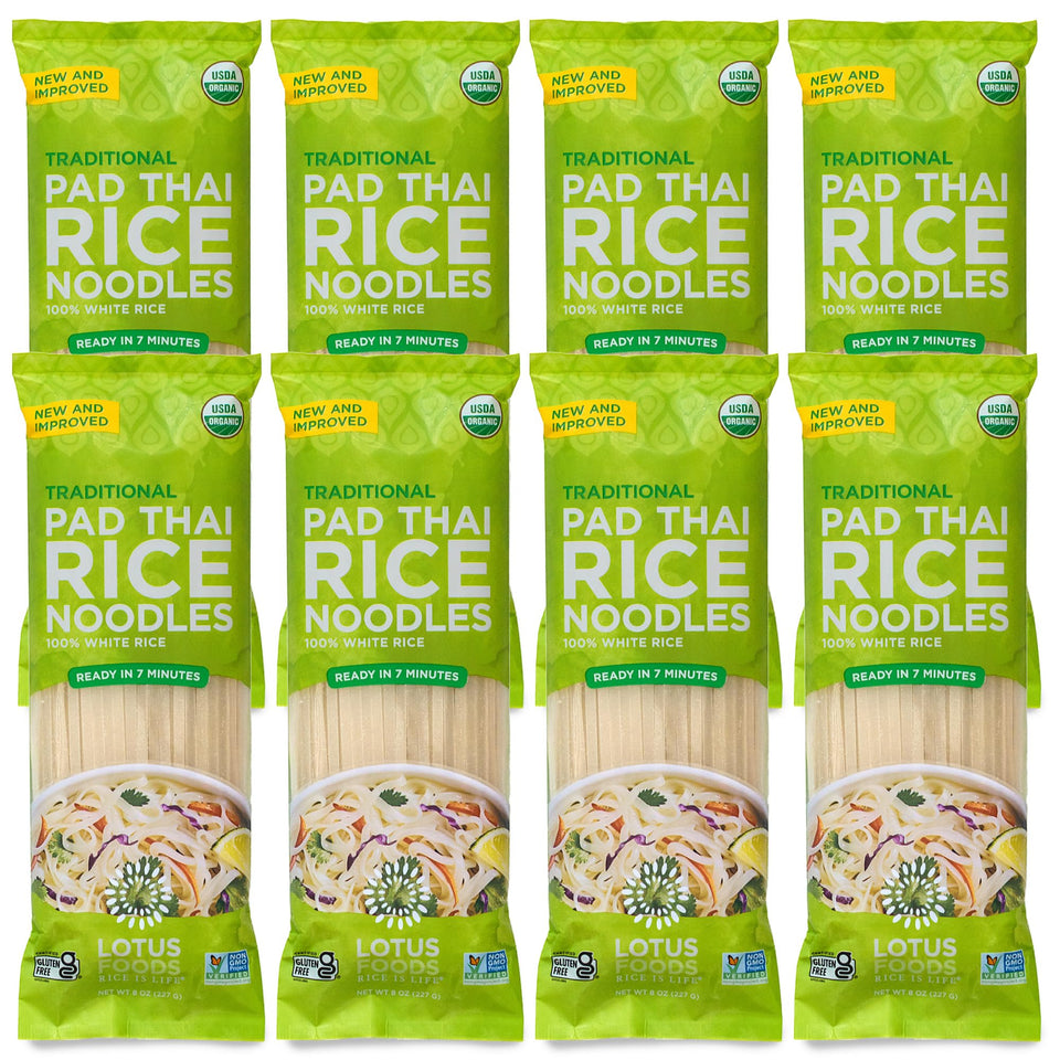 Lotus Foods Traditional Pad Thai Noodles pack front, gluten-free and organic option.