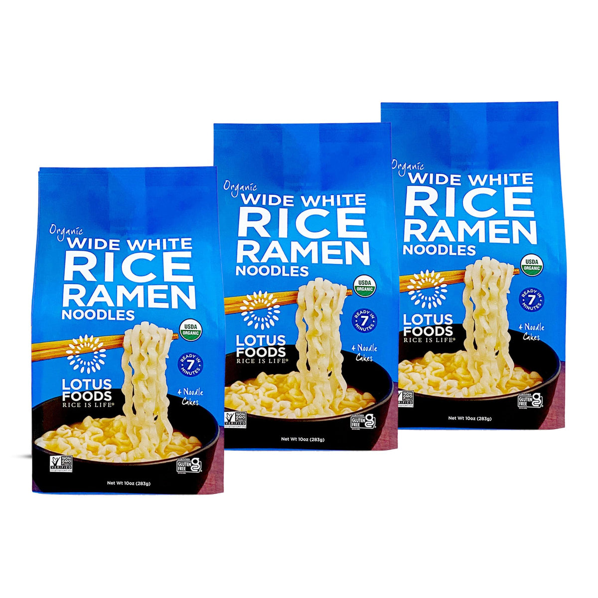 Lotus Foods wide white rice ramen noodles in broth, ideal for quick soup meals.