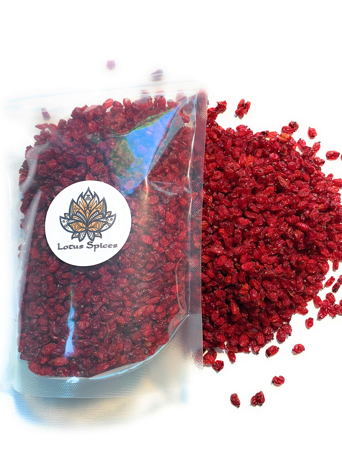 Lotus Spices Zereshk barberries packaging highlighting fresh, non-GMO berries