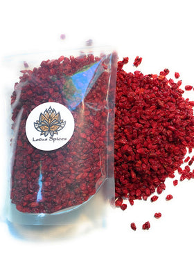 Lotus Spices Zereshk barberries packaging highlighting fresh, non-GMO berries