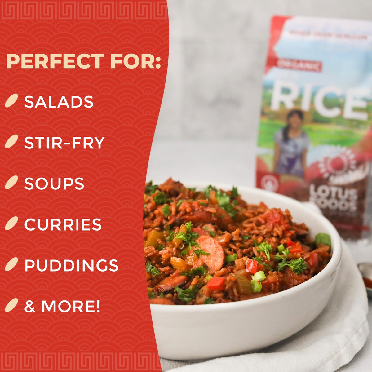 Lotus Foods Organic Red Rice cooks in about 30 minutes for weeknight dinners