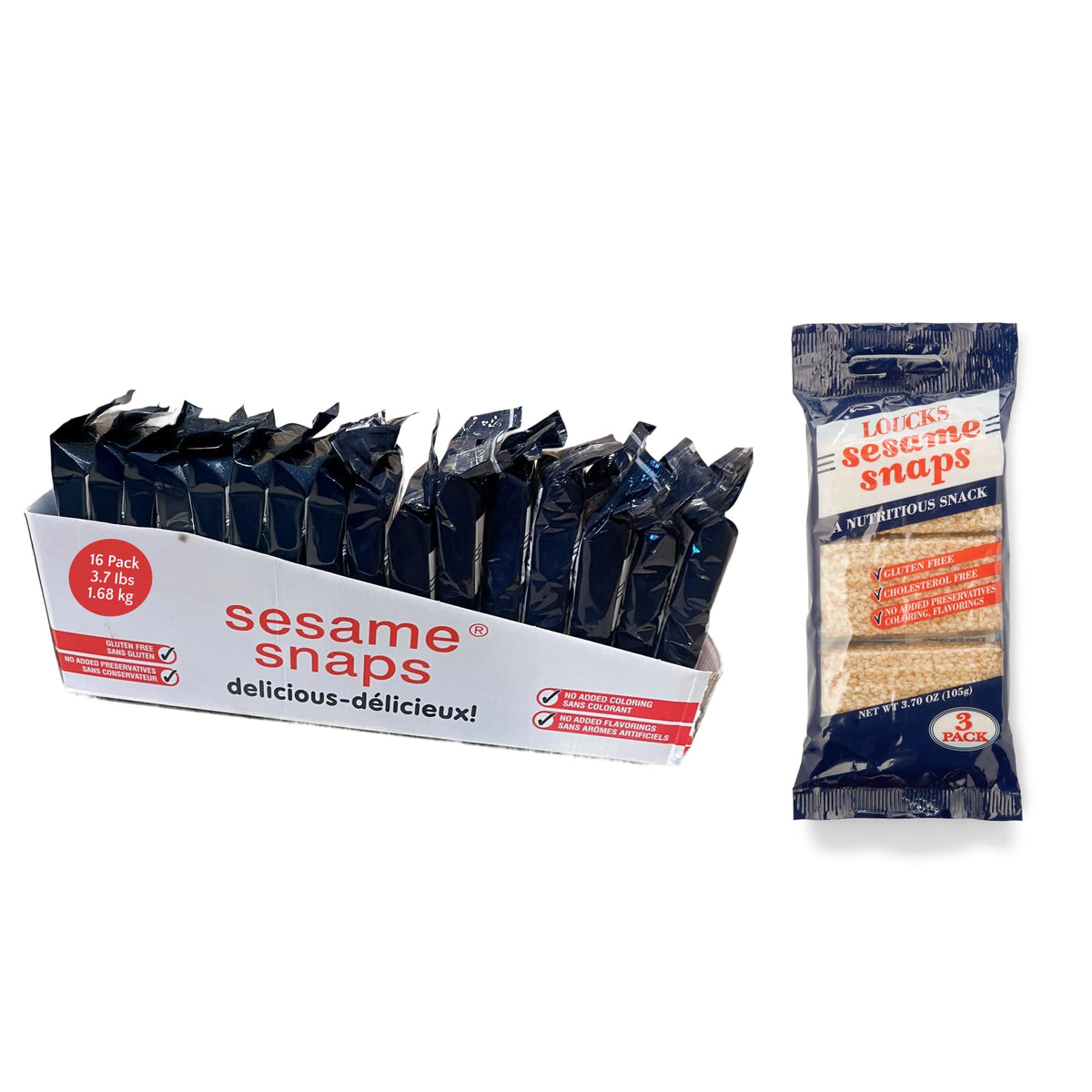 Loucks Original Sesame Snaps 16-pack box for easy sharing and on-the-go snacking.
