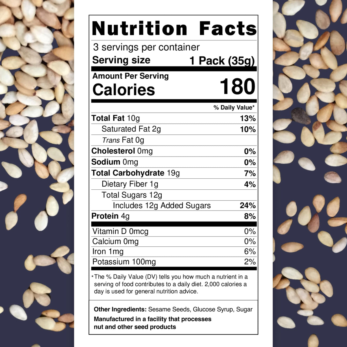 Loucks Original Sesame Snaps bar cross-section shows crisp sesame candy texture.