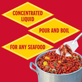 Louisiana Fish Fry 16oz bottle on counter offers convenient seasoning for many boils.