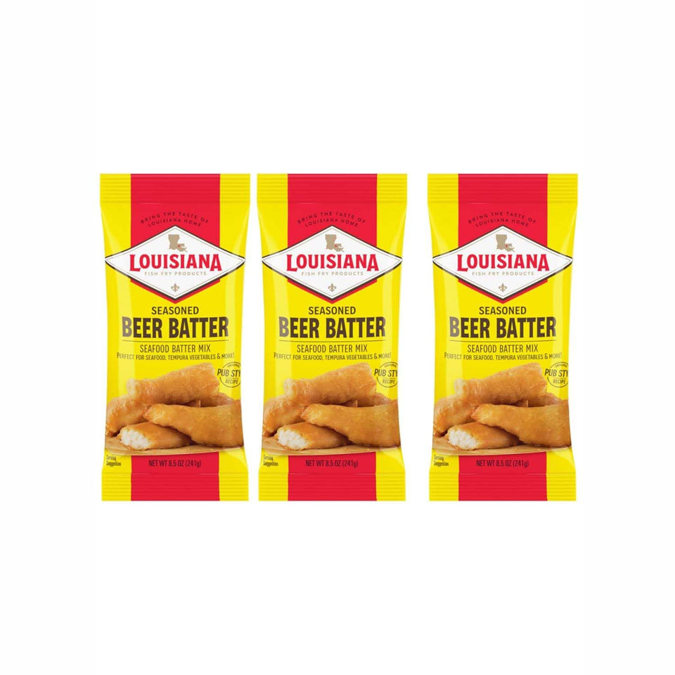 Louisiana Fish Fry Beer Batter Mix 8.5oz bag ready for quick frying with a crisp result