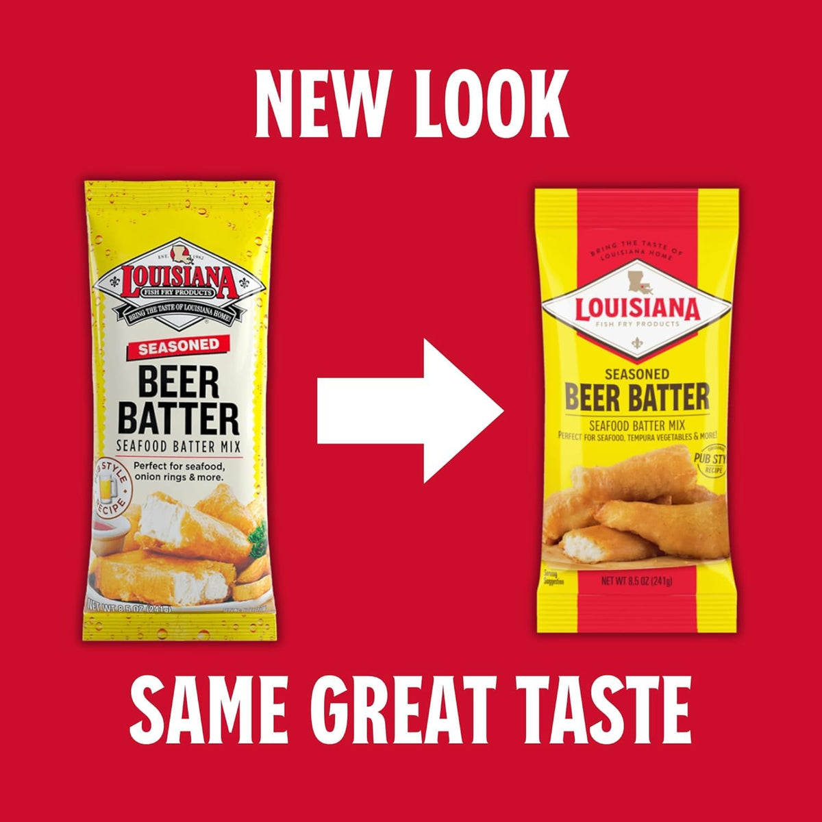 Louisiana Fish Fry Beer Batter Mix gives seafood a light, airy crust