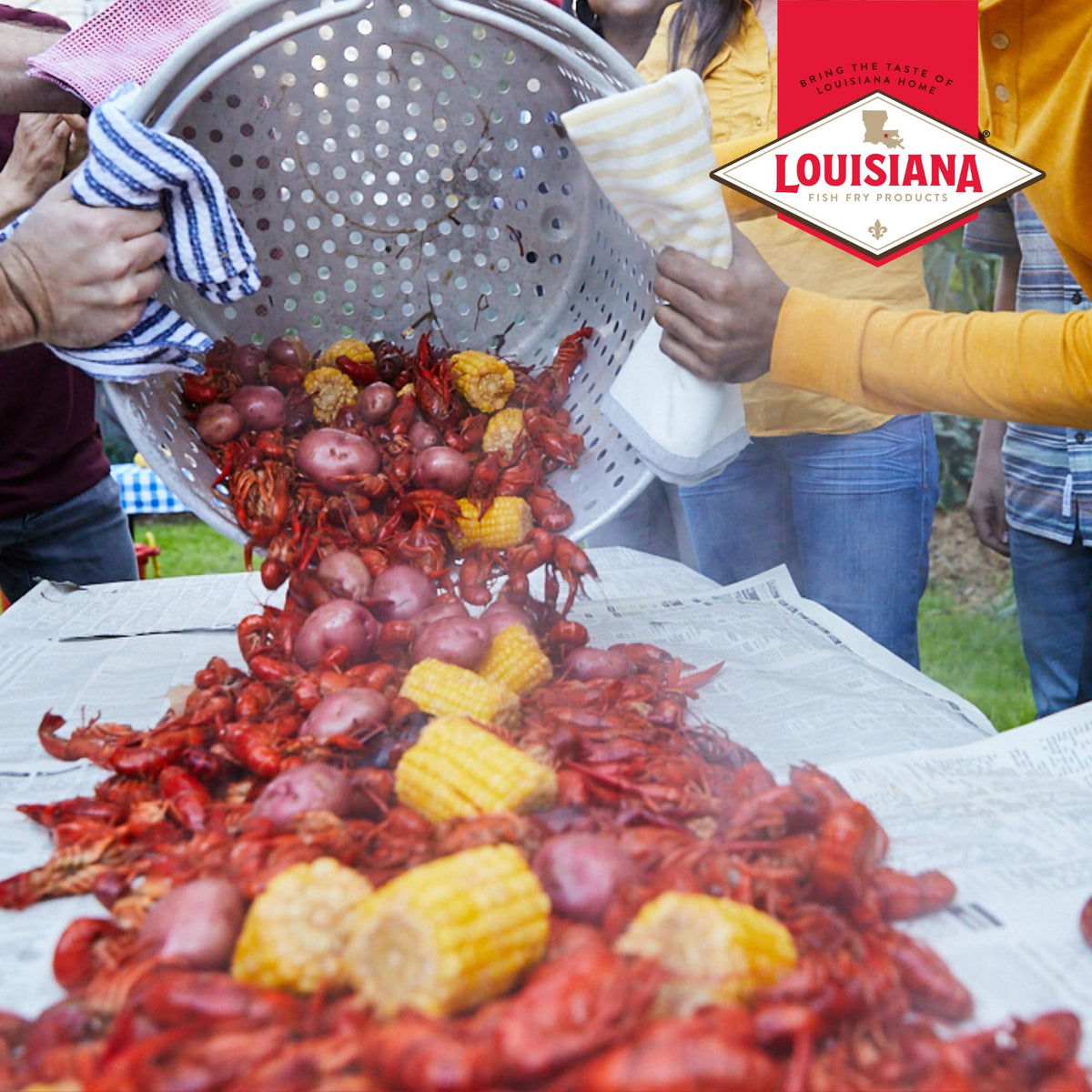 Louisiana Fish Fry bottle label visible, kitchen-ready for easy seafood boils.