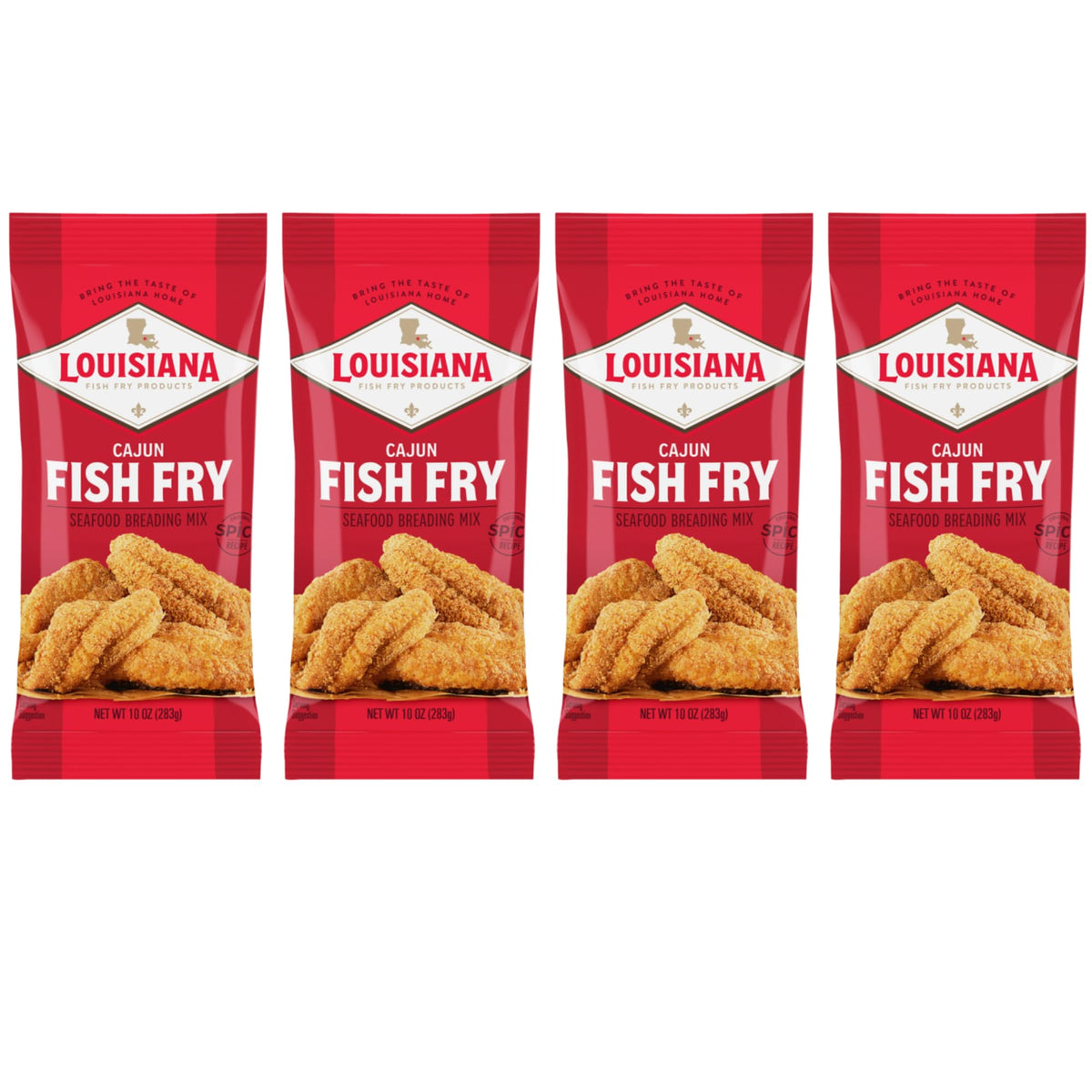 Louisiana Fish Fry Cajun Fry pack shows spicy seafood coating for fish, oysters, or shrimp.