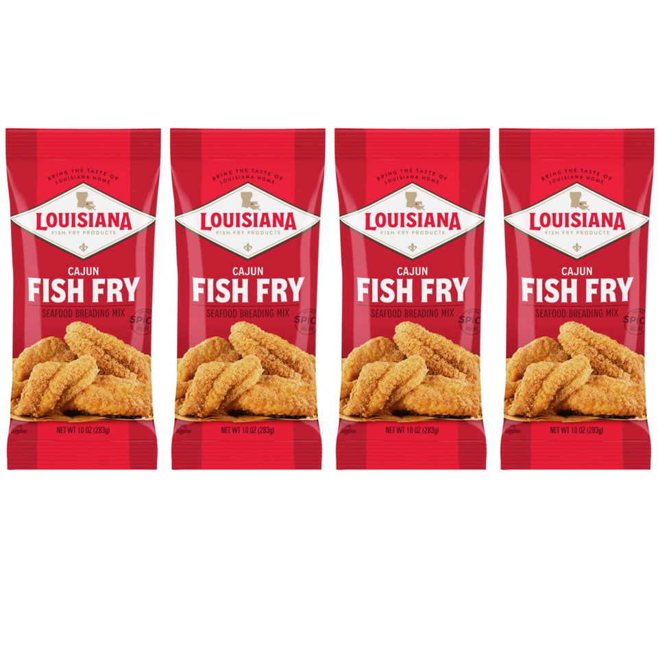 Louisiana Fish Fry Cajun Fry pack shows spicy seafood coating for fish, oysters, or shrimp.