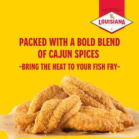 Louisiana Fish Fry Cajun Fry seafood variety shot shows fish, oysters, and shrimp ready for frying.