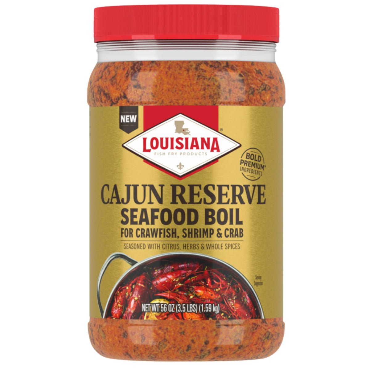 Louisiana Fish Fry Cajun Reserve seafood boil seasoning pour for a bold crawfish boil flavor.