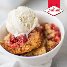 Louisiana Fish Fry Cobbler Mix family dinner setup with cobbler