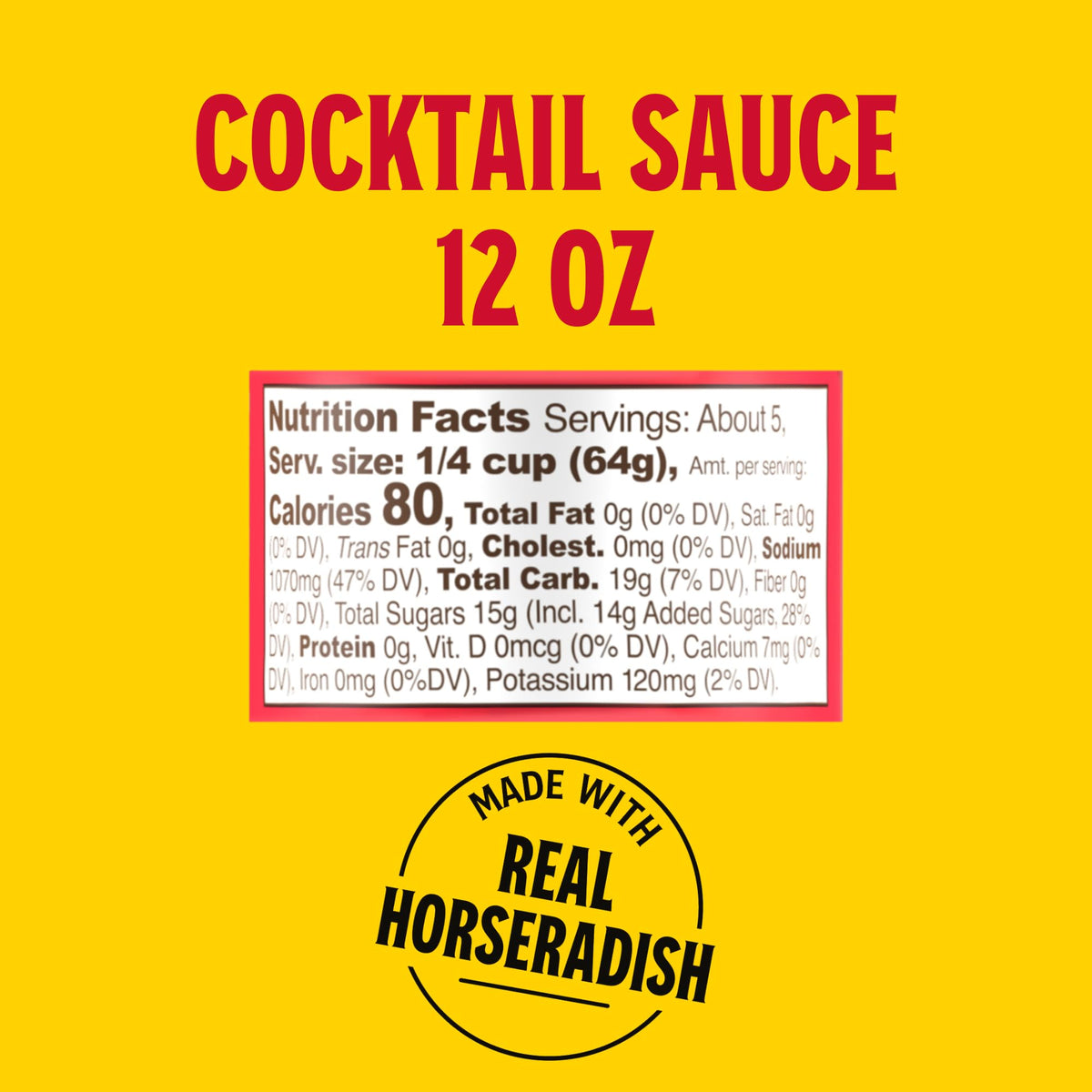 Louisiana Fish Fry Cocktail Sauce bottle closeup; rich texture with horseradish aroma.