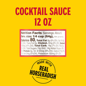 Louisiana Fish Fry Cocktail Sauce bottle closeup; rich texture with horseradish aroma.