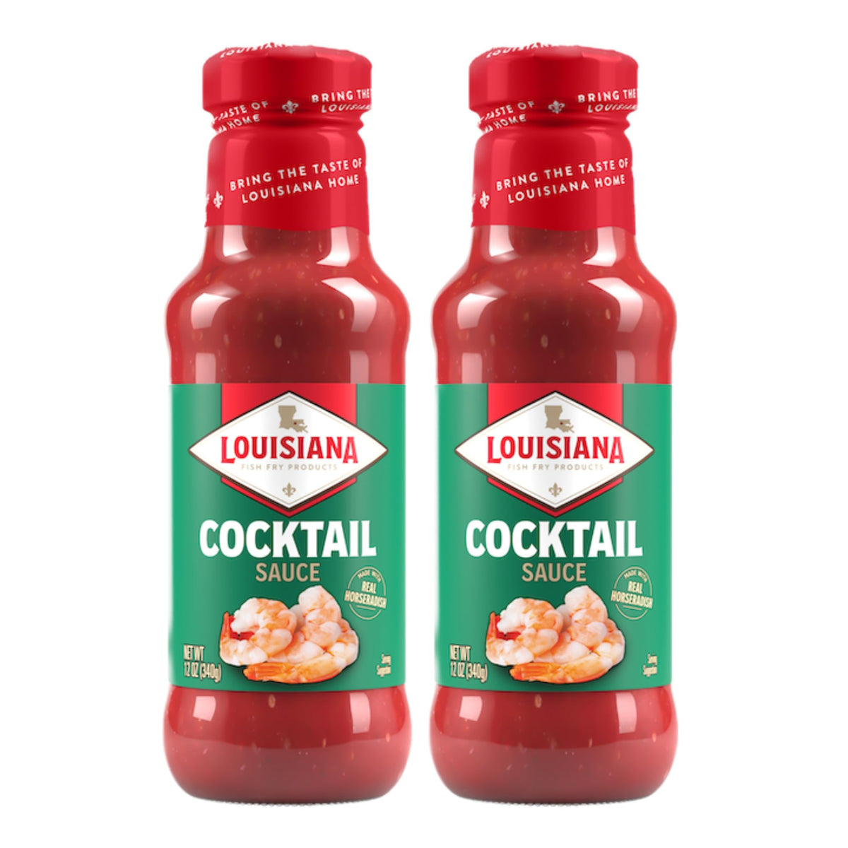Louisiana Fish Fry Cocktail Sauce bottle pour; ideal for dipping shrimp with Creole tang.