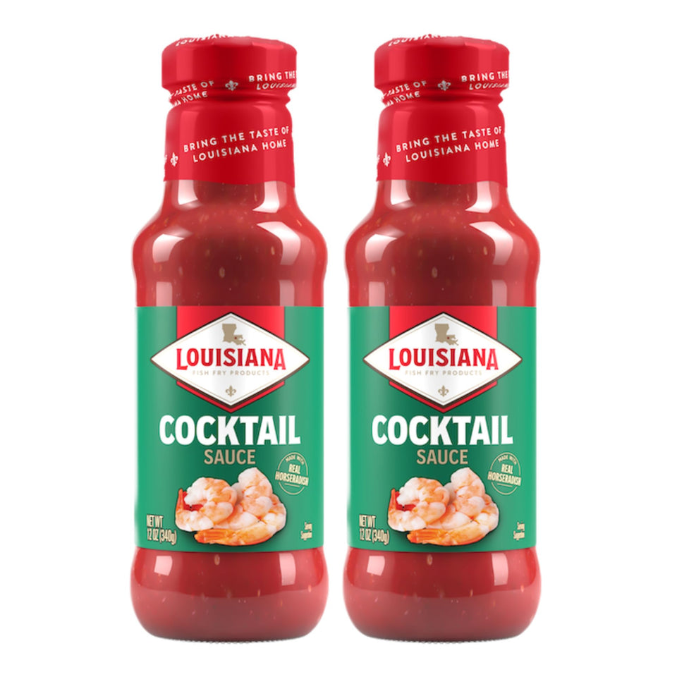 Louisiana Fish Fry Cocktail Sauce bottle pour; ideal for dipping shrimp with Creole tang.