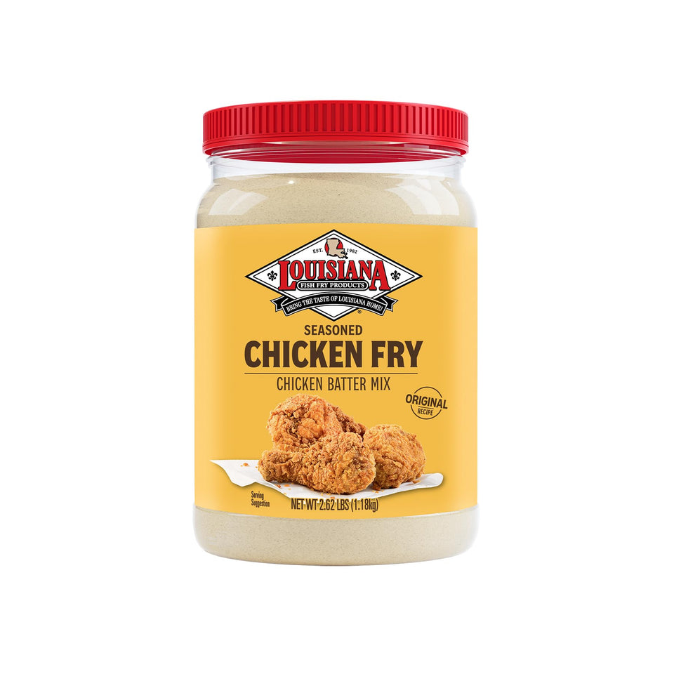 Louisiana Fish Fry Chicken Fry Batter half-gallon jug ready to coat crispy chicken.
