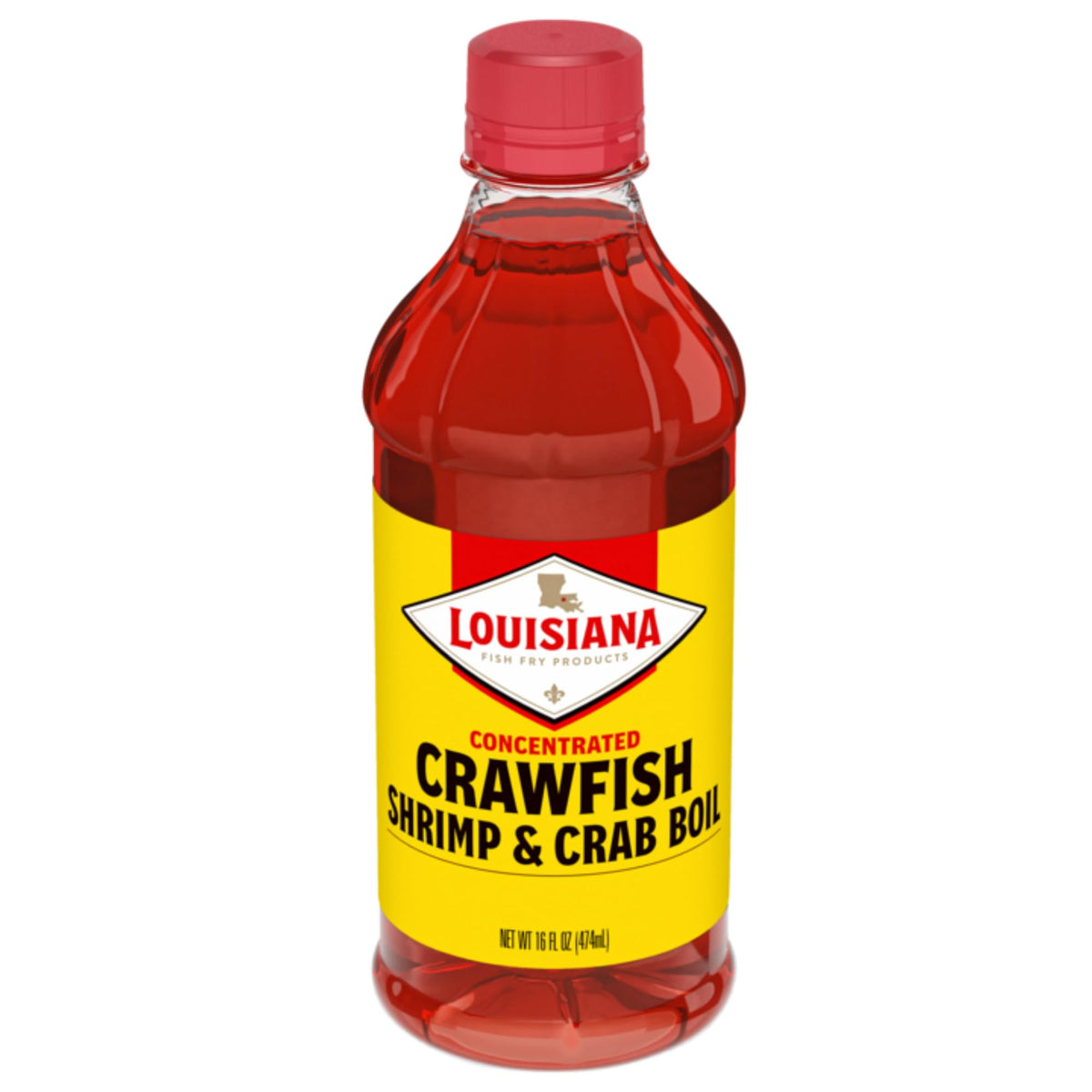 Louisiana Fish Fry liquid boil seasoning crawfish bottle pour highlights a bold, spicy flavor.