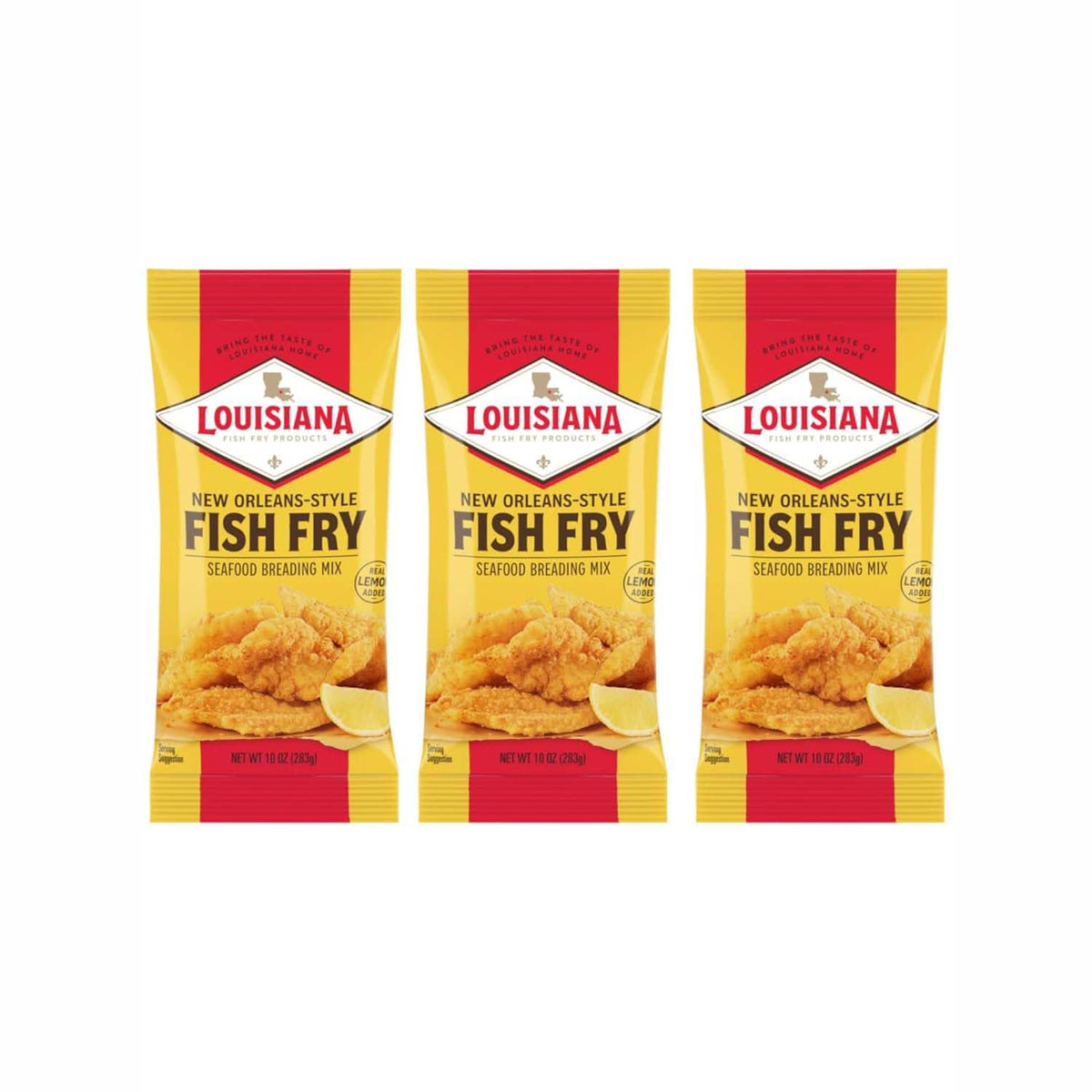 Louisiana Fish Fry New Orleans Lemon Fry box showing convenient 3-pack