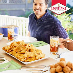 Louisiana Fish Fry oysters-shrimp-use image indicates easy pan or fry pan results.