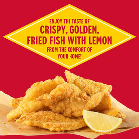 Pan with sizzling Louisiana Fish Fry lemon crust batter