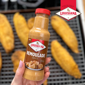 Louisiana Fish Fry Remoulade Sauce glossy jar closeup for dipping.