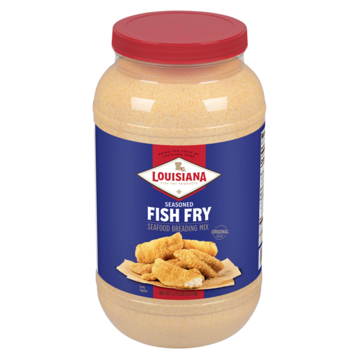 Louisiana Fish Fry Seasoned Fish Fry Mix in a gallon jug for crispy seafood coating
