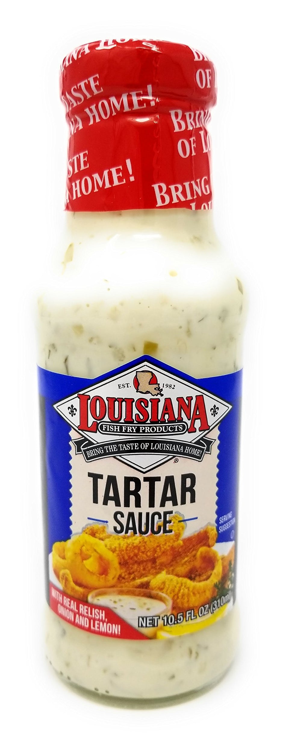 Louisiana Fish Fry Tartar Sauce bottle with creamy relish, ideal for dipping fried seafood.