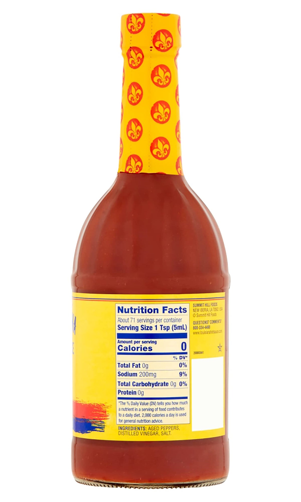 Louisiana Original Hot Sauce ingredients close-up with peppers, vinegar, salt.