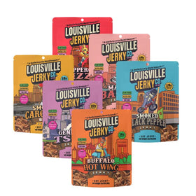 Louisville Jerky Co. Variety Pack front view, ideal for on-the-go plant-based snacking