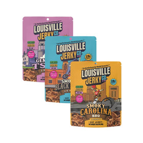 Louisville Vegan Jerky Co Smoky Carolina BBQ close up, chewy texture for on the go snacking