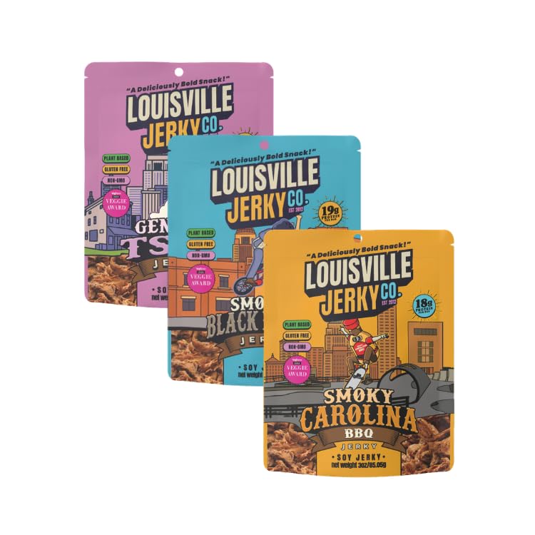 Louisville Vegan Jerky Co Smoky Carolina BBQ close up, chewy texture for on the go snacking