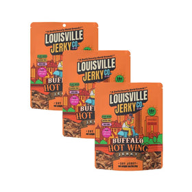 Louisville Vegan Jerky Buffalo Hot Wing pack shot shows bold flavor and on-the-go protein