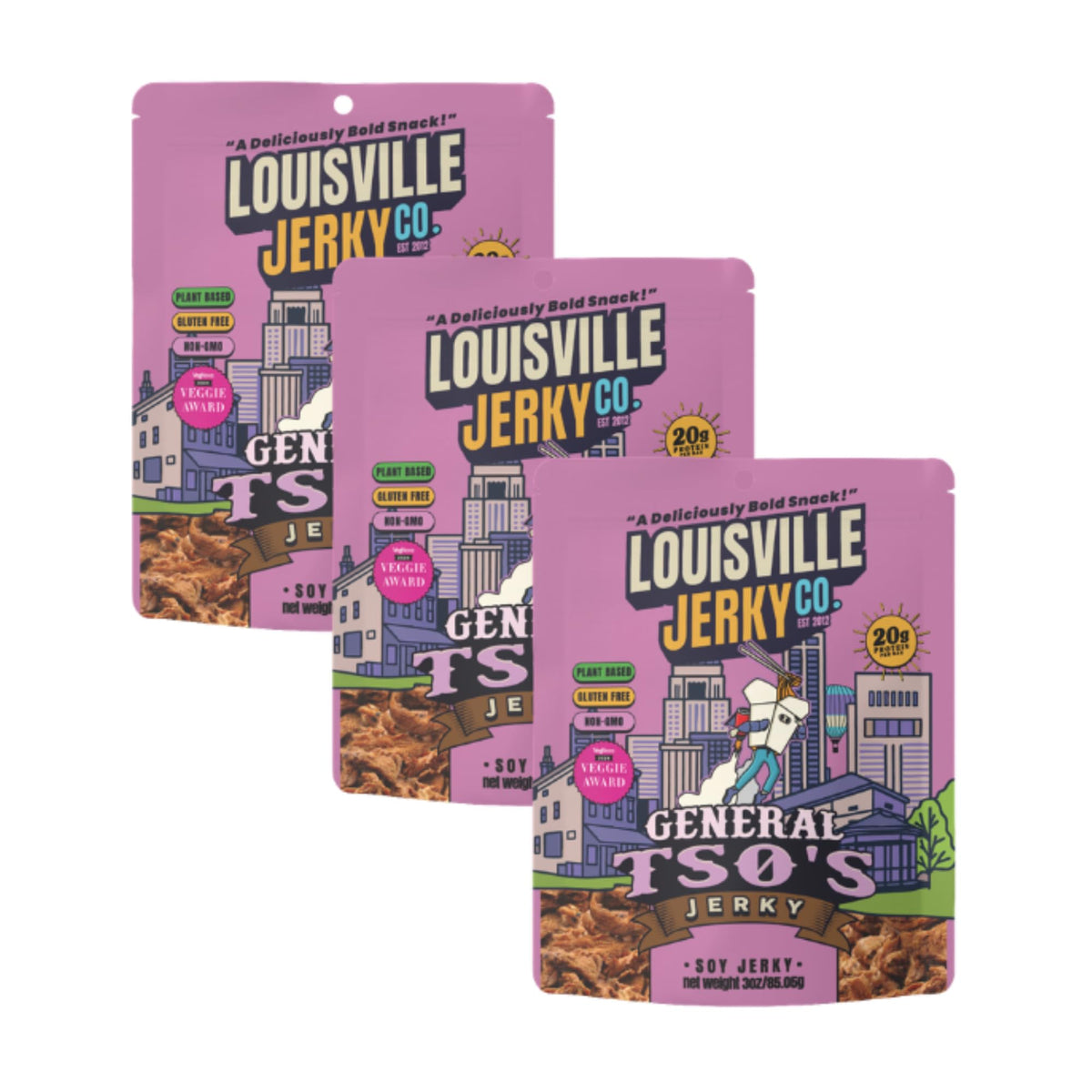 Louisville Vegan Jerky General Tso’s bag front showing bold flavor and protein.