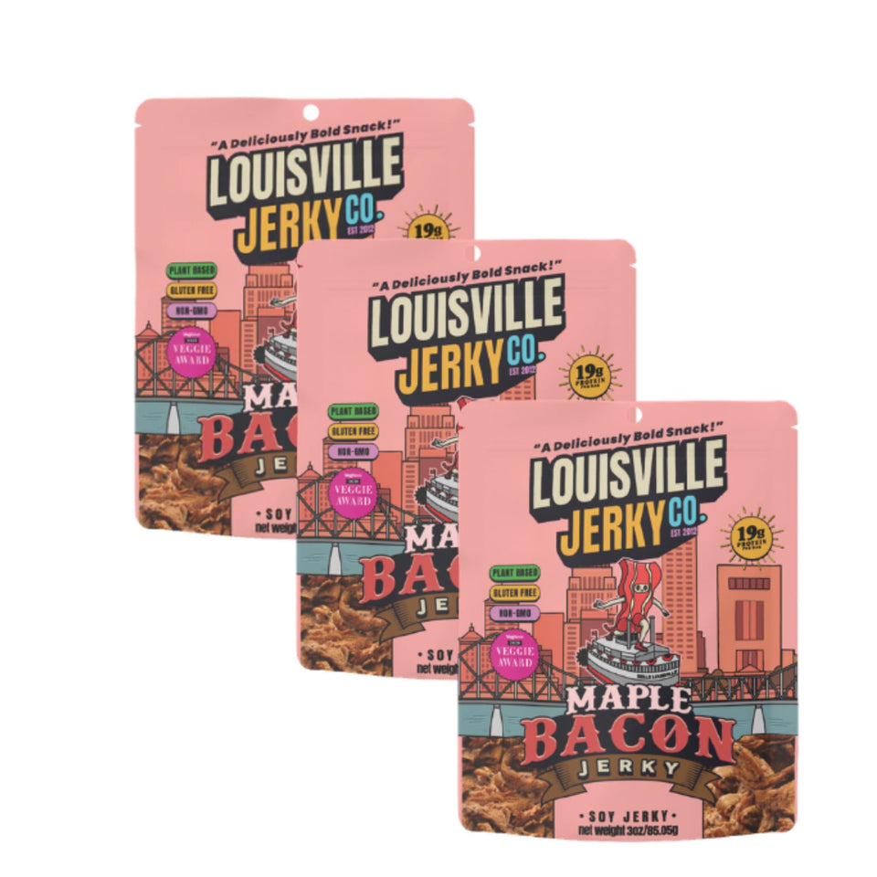 Louisville Vegan Jerky Maple Bacon bag showing gluten-free plant-based snack for busy days.