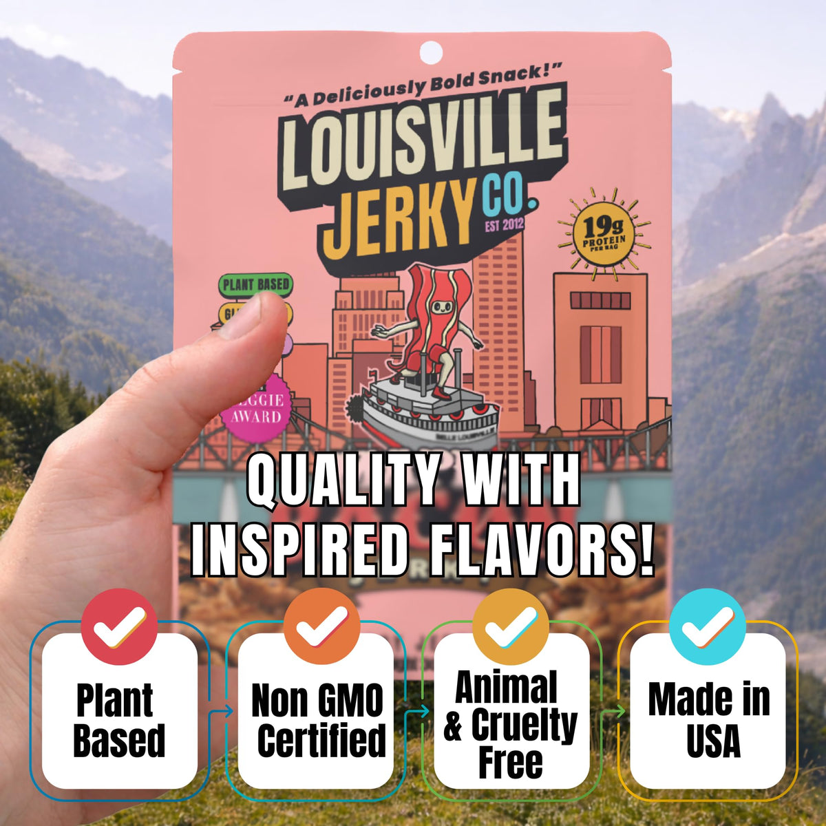 Louisville Vegan Jerky Maple Bacon three-pack display for convenient sharing.