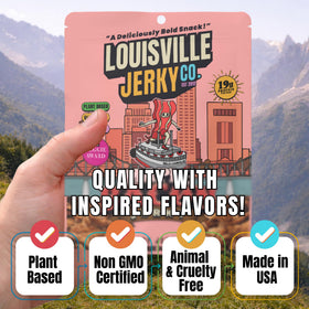 Louisville Vegan Jerky Maple Bacon three-pack display for convenient sharing.