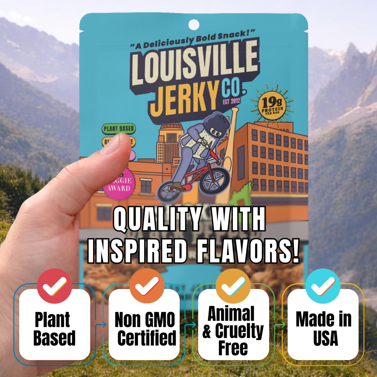 Louisville Vegan Jerky kitchen-prep scene suggests versatile use.