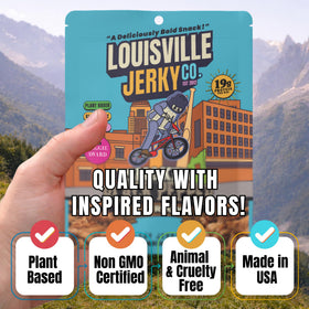 Louisville Vegan Jerky kitchen-prep scene suggests versatile use.