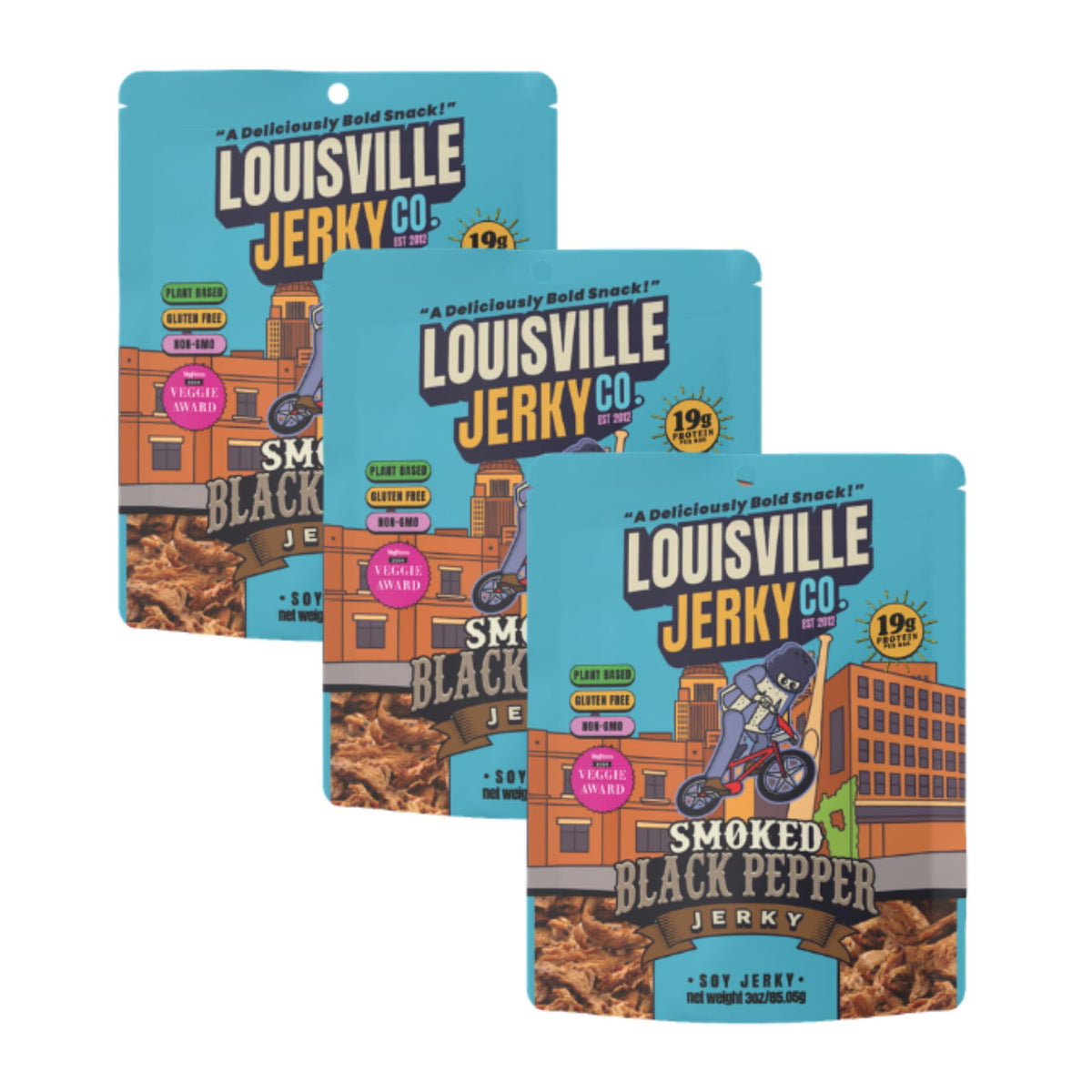 Louisville Vegan Jerky pack shot highlighting bold flavor.