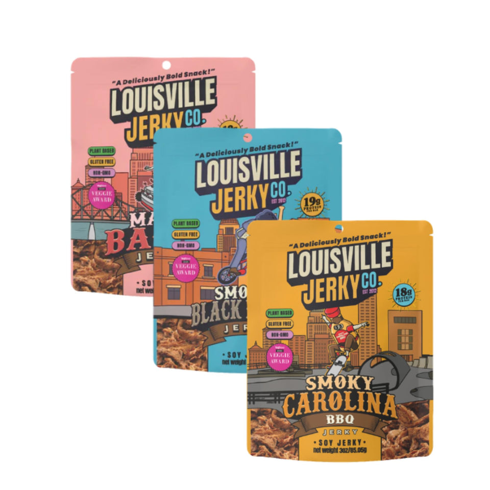 Louisville Vegan Jerky Smoky Carolina BBQ bag on wood surface showing protein-packed flavor