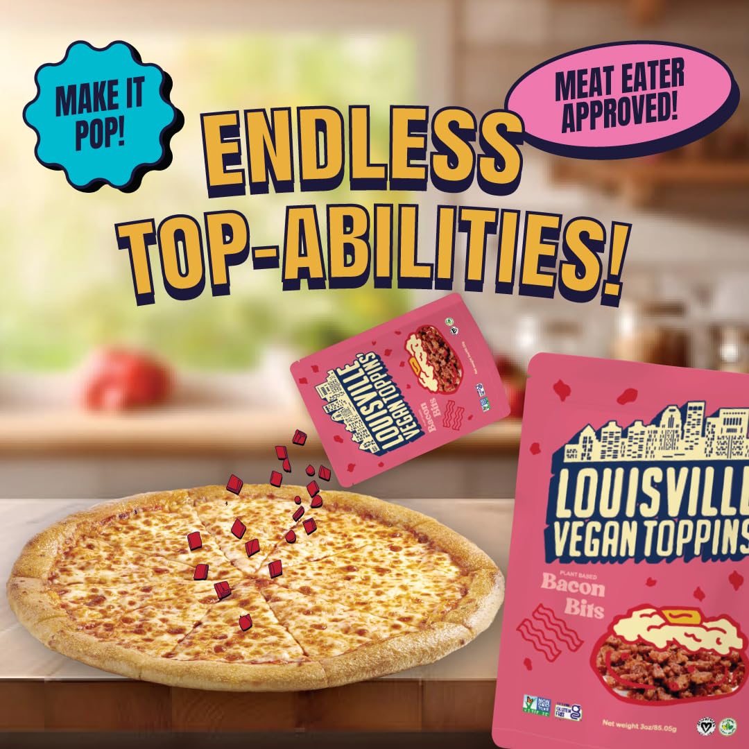 Louisville Vegan Jerky Toppins Bacon Bits snack pack options for quick meals.