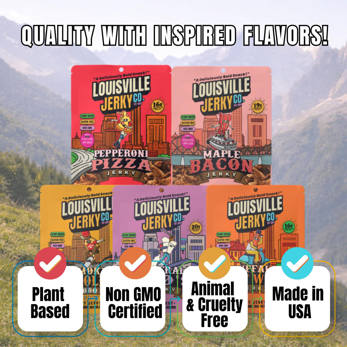 Louisville Vegan Jerky variety pack display showing five-flavor convenience