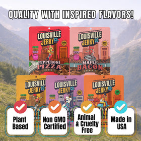 Louisville Vegan Jerky variety pack display showing five-flavor convenience
